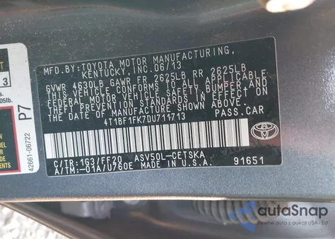 2013 Toyota Camry Se from USA, damaged, VIN 4T1BF1FK7DU711713